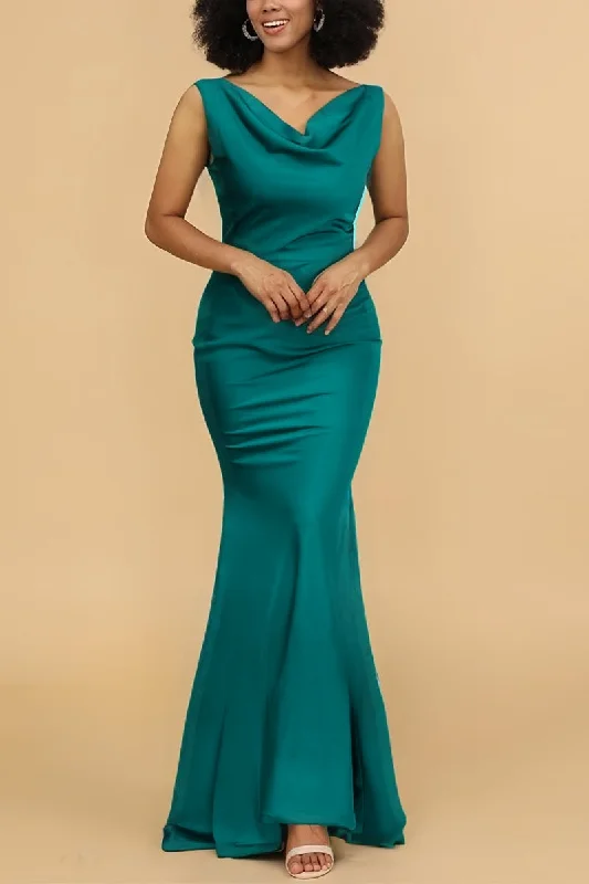 Studded Dresses for Statement -Simple sleeveless dress for daytime events-Mermaid Bridesmaid Dress with Cowl Neck and Bowknot CB0800