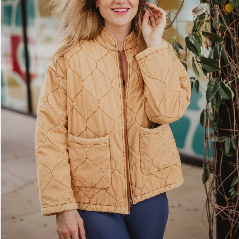 Appliquéd Jackets for Creativity -Magnetic therapy necklaces for wellness -Washed Quilted Jacket with Front Pockets and Zipper Closure - Camel