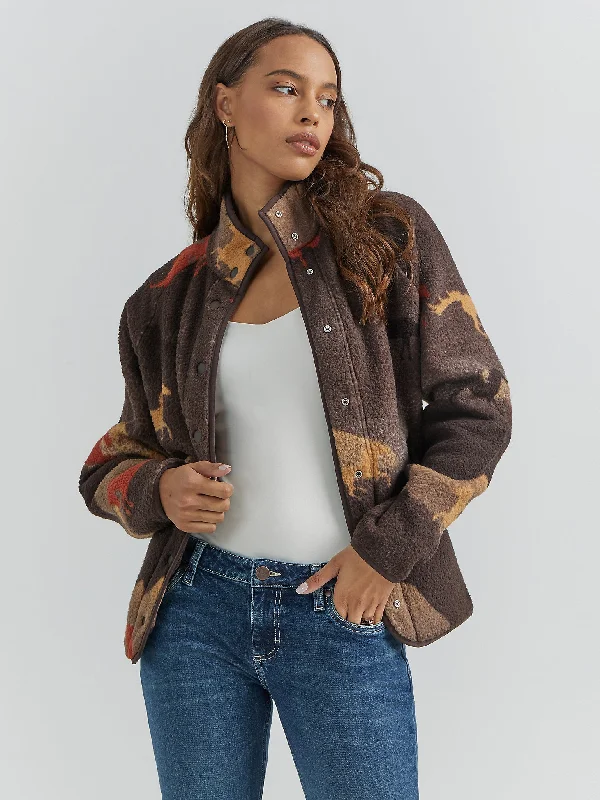 Patchwork Jackets for Unique -Smart necklaces with fitness tracking -Women's Retro Printed Sherpa Snap Jacket - Stallion Brown