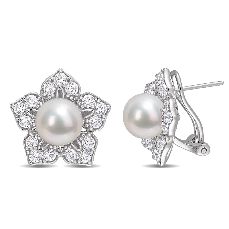 Hoop earrings with braided patterns for a detailed and textured finish-8.5-9 MM Freshwater Cultured Pearl and 2 3/4 CT TGW Created White Sapphire Floral Earrings in Sterling Silver